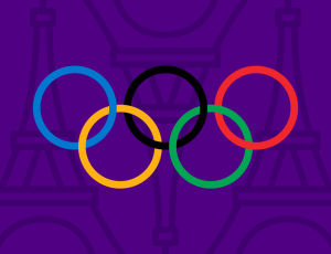 The five multicolored Olympic rings on a purple textured background