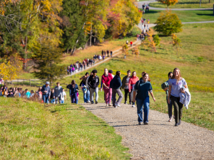 Students hiking a trail on Mountain Day 2024.